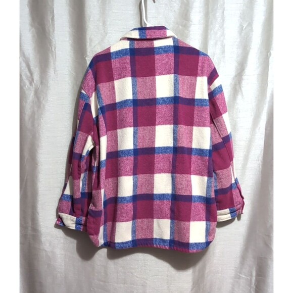 Women's Flannel Shacket Size XL Button Up Long Sleeve Warm Plaid Purple Pink - Picture 2 of 16